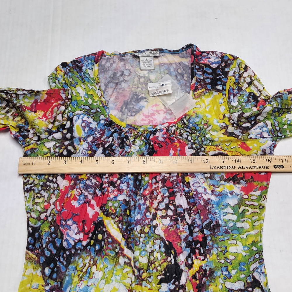 Chiffon Blouse 3/4 Sleeves Asymmetrical Hem Small Abstract Boho Colorful - Picture 6 of 9